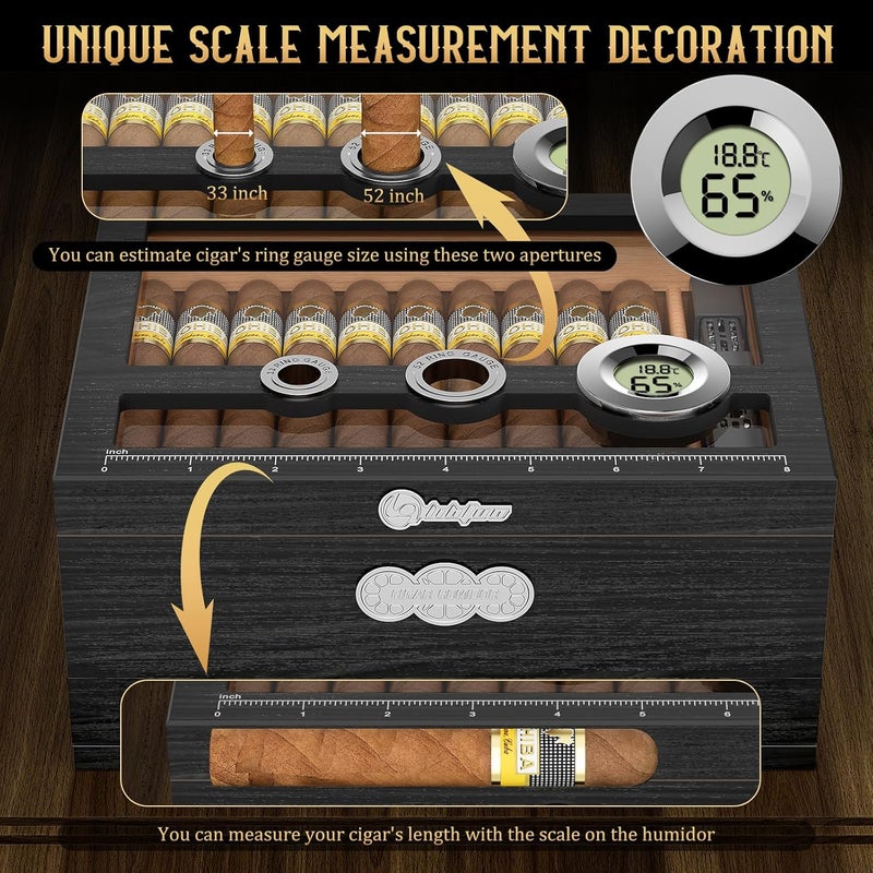LIHTUN Cigar Humidor, Glass Top Desktop Humidor Box, Cigar Gifts for Men, Cedar Wood Cigars Case with Digital Hygrometer, Humidifier, Measuring Scale and Cigars Accessories Drawer - Image 5